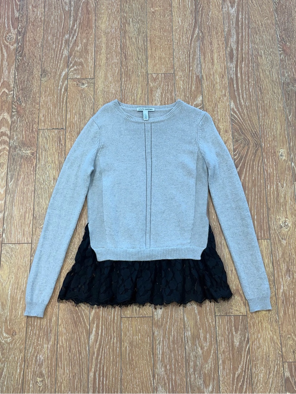 Autumn Cashmere Light Gray Sweater with Black Lace Hem - Sz S
